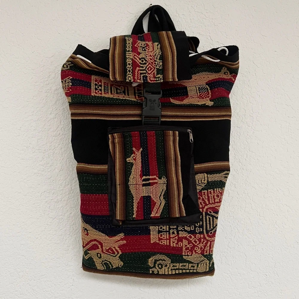 Woven knit colorful llama design fabric backpack